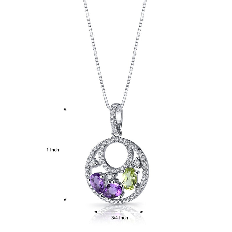 Amethyst and Peridot Double Hoop Pendant Necklace Sterling Silver 1 Carats