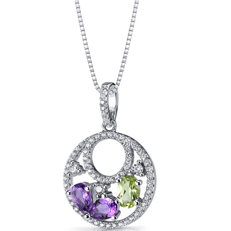 Amethyst and Peridot Double Hoop Pendant Necklace Sterling Silver 1 Carats