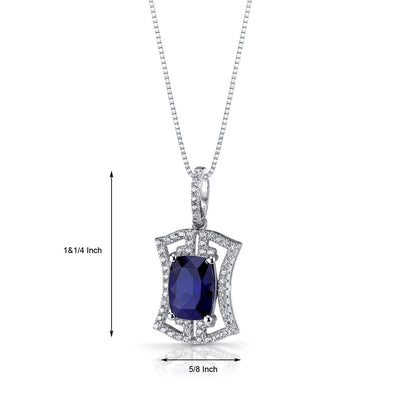 Created Blue Sapphire Art Deco Pendant Necklace Sterling Silver 4.5 Carats