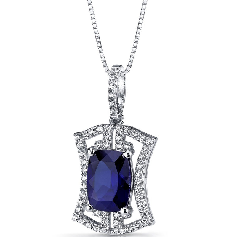 Created Blue Sapphire Art Deco Pendant Necklace Sterling Silver 4.5 Carats