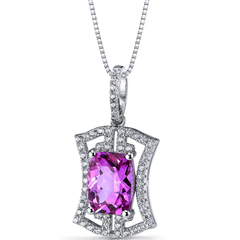 Created Pink Sapphire Art Deco Pendant Necklace Sterling Silver 4.5 Carats
