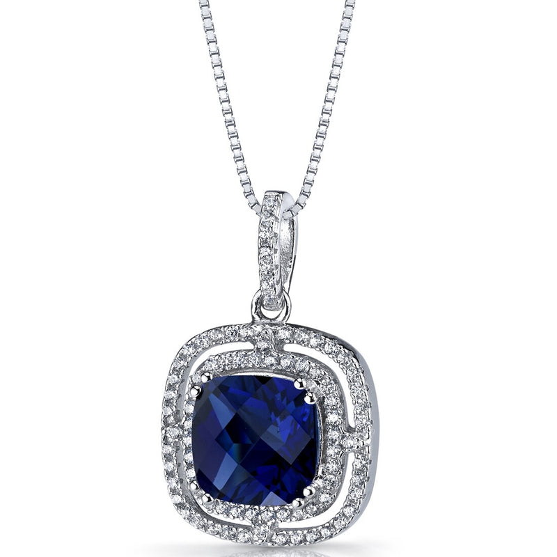 Created Blue Sapphire Cushion Cut Pendant Necklace Sterling Silver 4.25 Carats