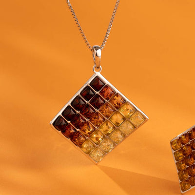 Baltic Amber Waffle Pattern Pendant Necklace Sterling Silver Multiple Color