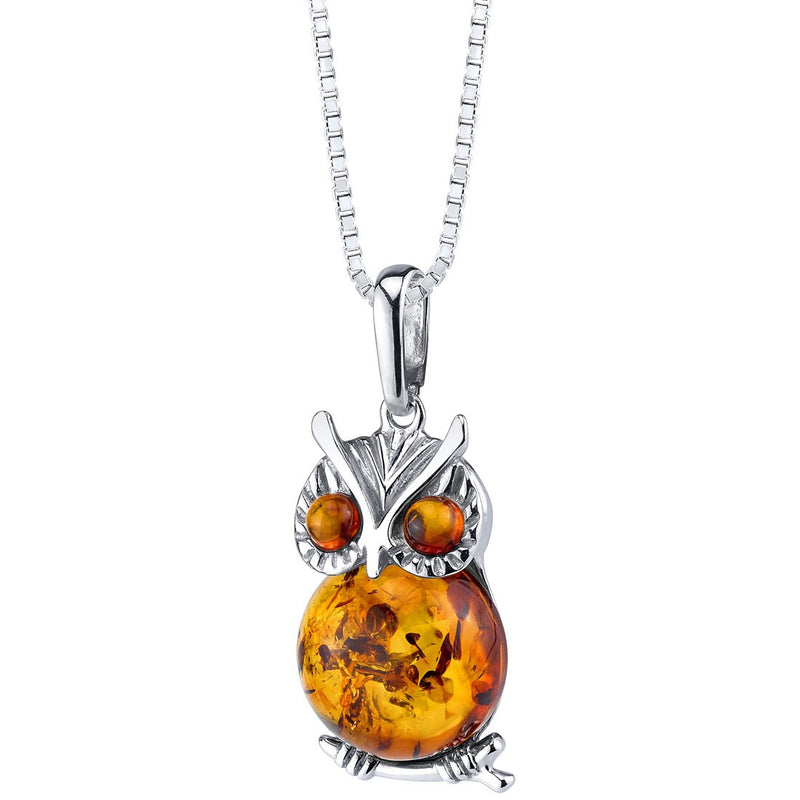 Baltic Amber Owl Pendant Necklace Sterling Silver Cognac  Color