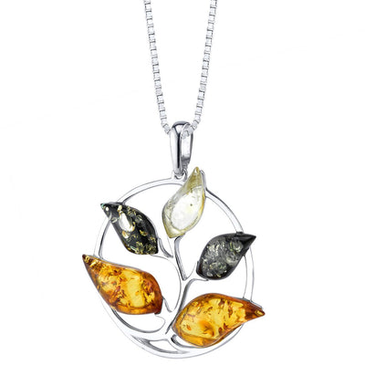 Baltic Amber Tree Pendant Necklace Sterling Silver Multiple Color