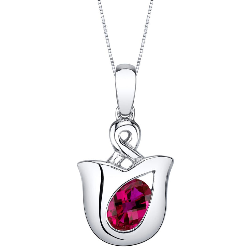 Ruby Tulip Solitaire Pendant Necklace Sterling Silver Oval Shape