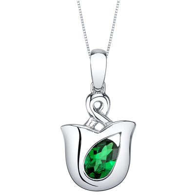 Simulated Emerald Sterling Silver Tulip Pendant Necklace