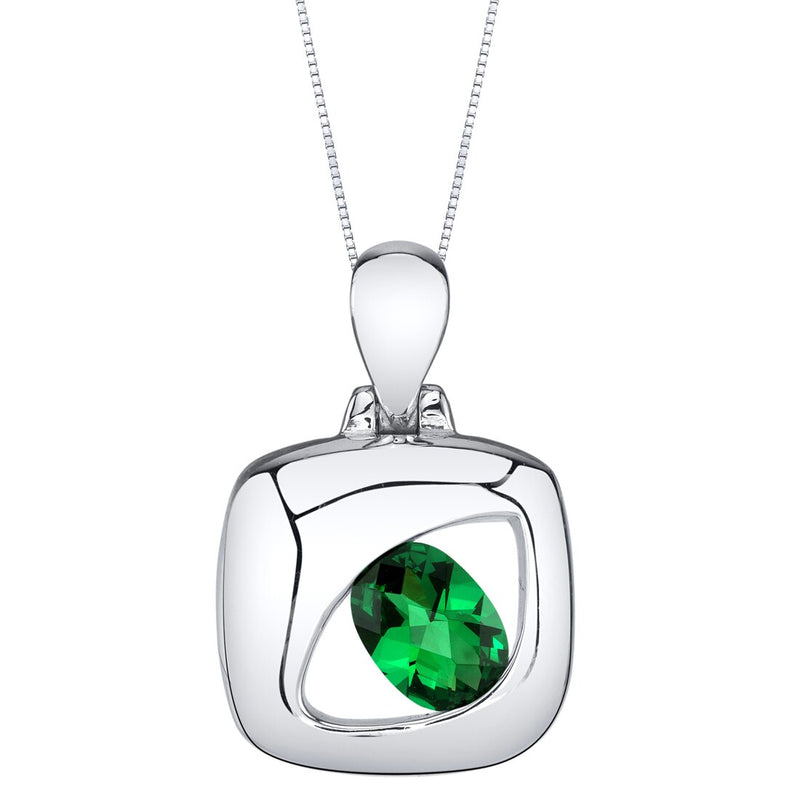 Emerald Sculpted Solitaire Pendant Necklace Sterling Silver Oval Shape