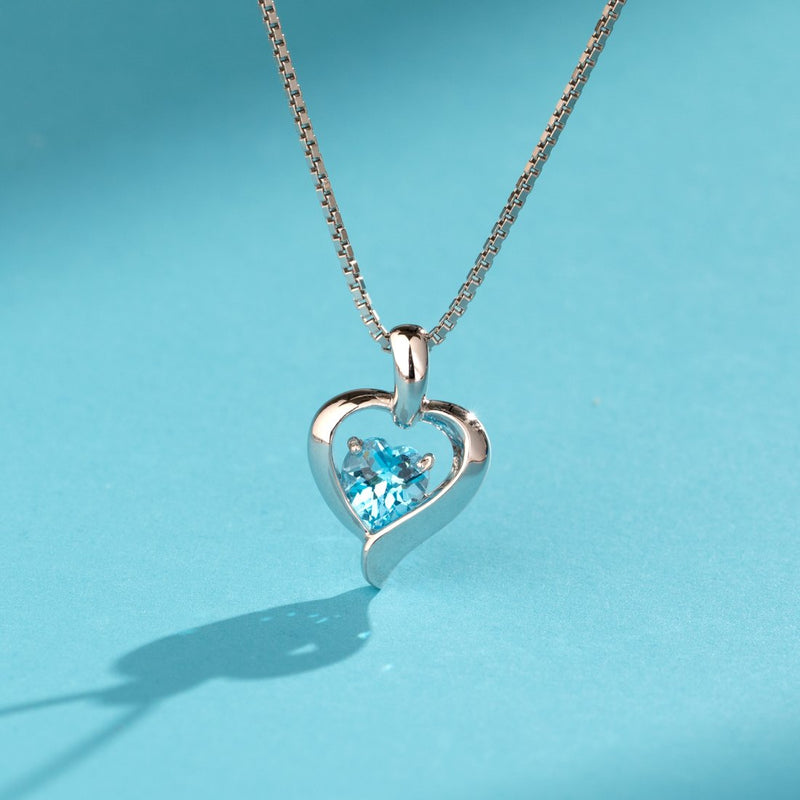 Swiss Blue Topaz Sterling Silver Heart in Heart Pendant Necklace