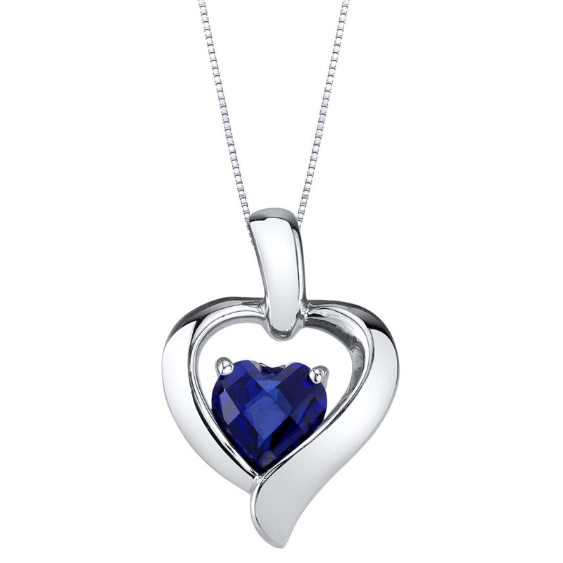 Created Blue Sapphire Sterling Silver Heart in Heart Pendant Necklace