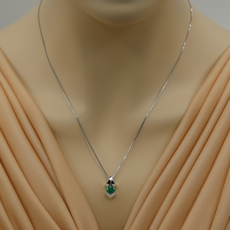 Simulated Emerald Sterling Silver Pagoda Pendant Necklace