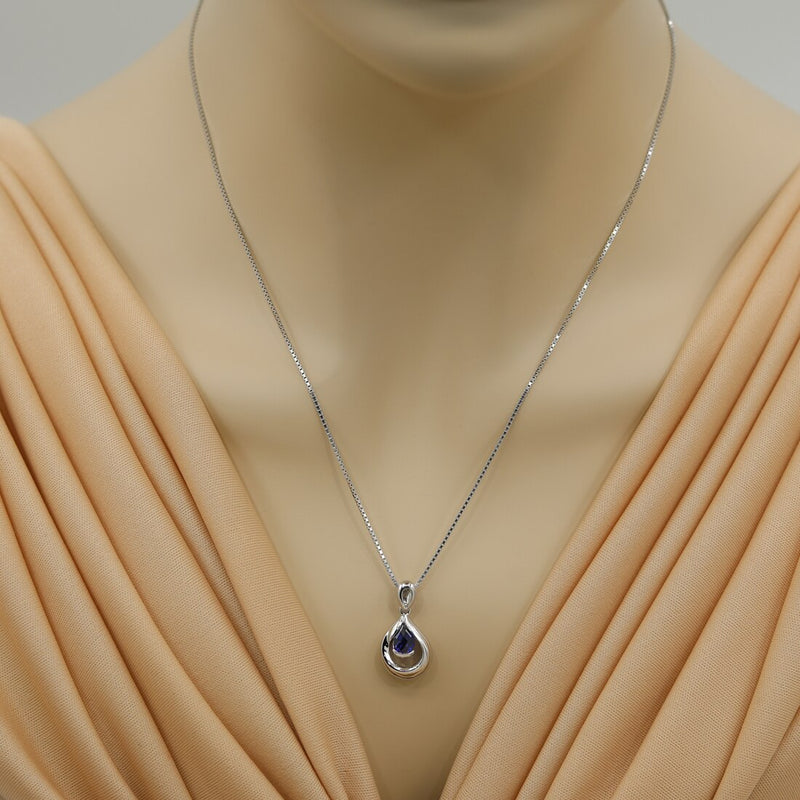 Created Blue Sapphire Sterling Silver Raindrop Pendant Necklace