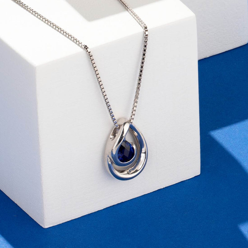 Created Blue Sapphire Sterling Silver Wave Pendant Necklace