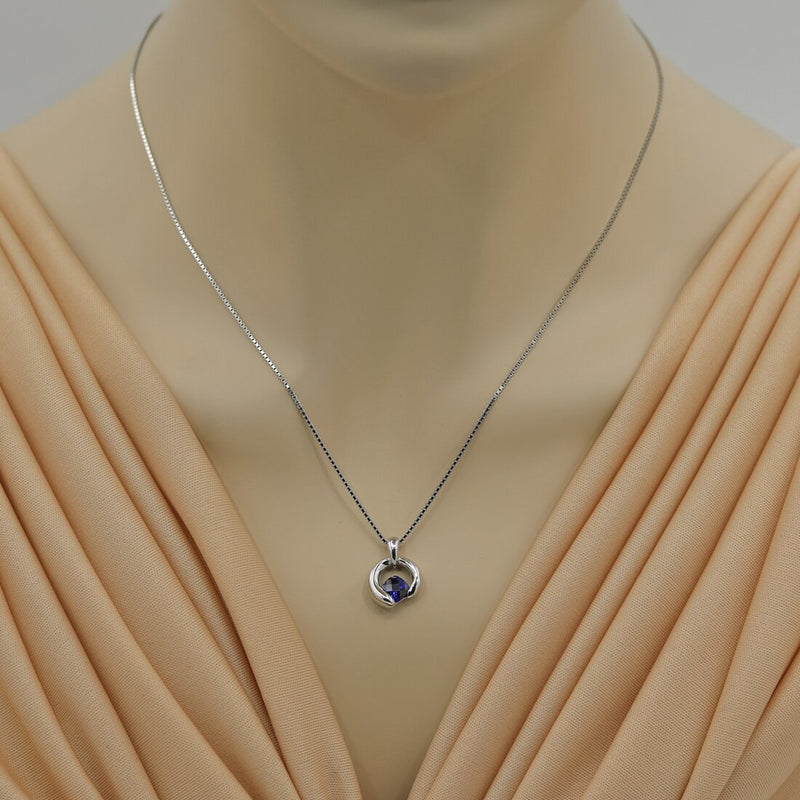 Created Sapphire Sterling Silver Cushion Cut Orbit Pendant Necklace