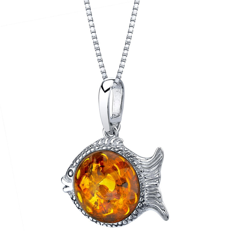Baltic Amber Sterling Silver Fish Pendant Necklace Cognac Color