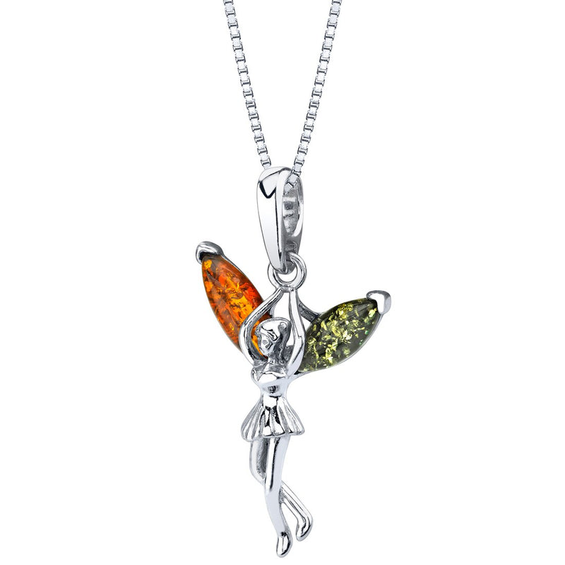 Baltic Amber Sterling Silver Fairy Pendant Necklace Cognac and Olive Green Color
