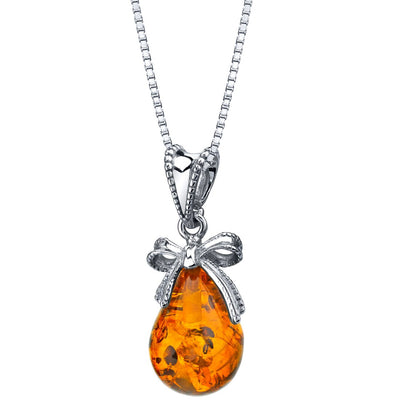 Baltic Amber Sterling Silver Bow Pendant Necklace Cognac Color