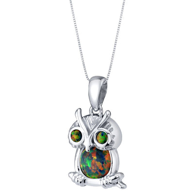 Black Opal Mini Owl Pendant Necklace Sterling Silver