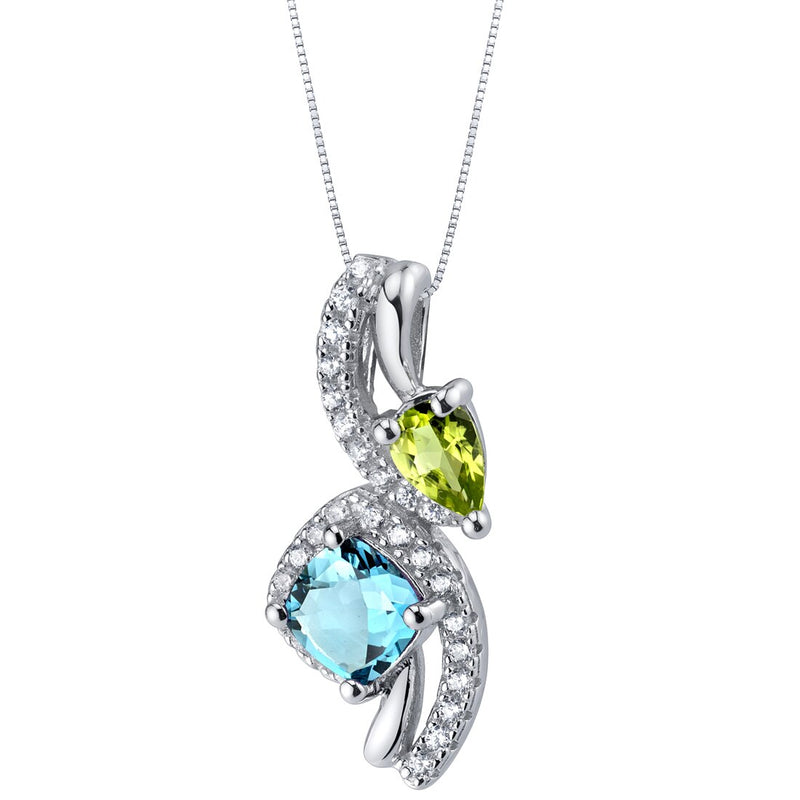 London Blue Topaz and Peridot Sterling Silver Ellipse Pendant Necklace 1.25 Carats