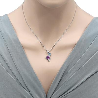 Created Pink Sapphire and Swiss Blue Topaz Ellipse Pendant Necklace 1.50 Carats