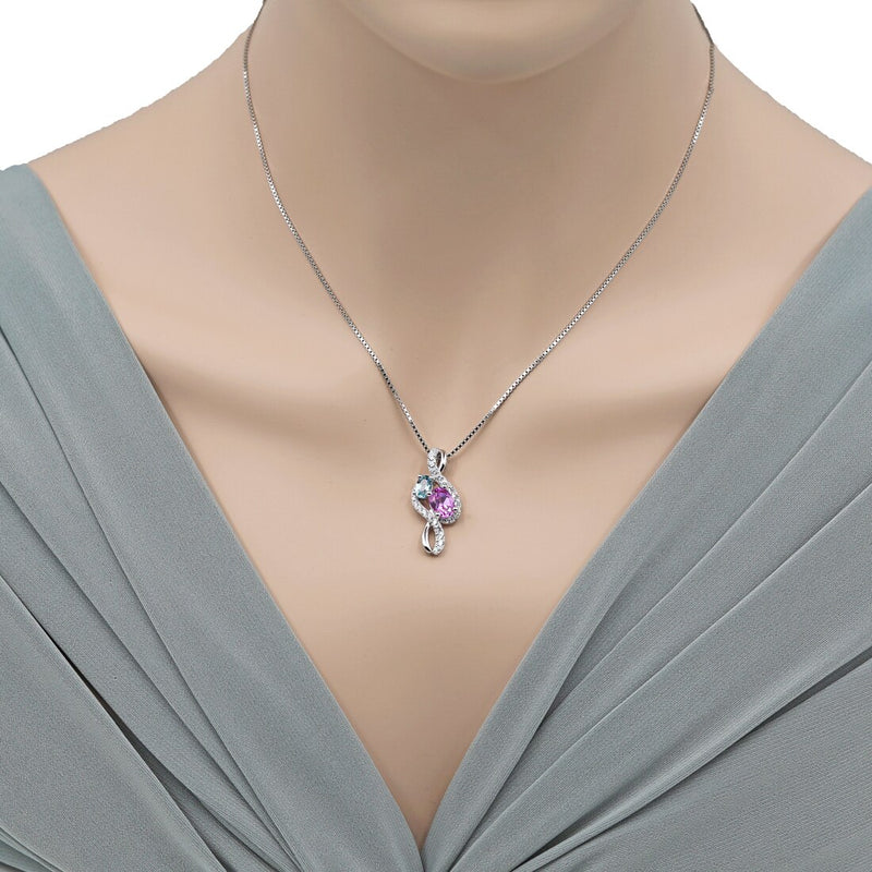 Swiss Blue Topaz and Created Pink Sapphire Sterling Silver Chorus Pendant Necklace 1.50 Carats