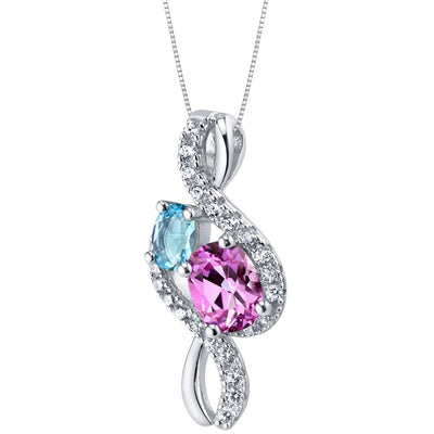 Swiss Blue Topaz and Created Pink Sapphire Sterling Silver Chorus Pendant Necklace 1.50 Carats