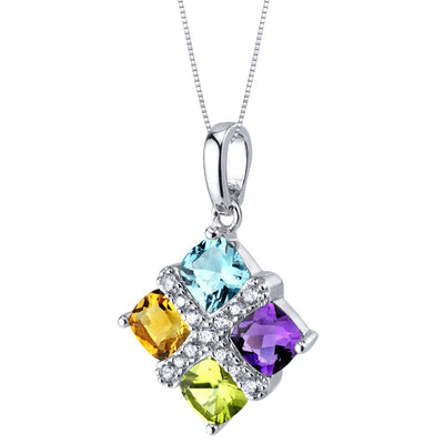 Amethyst Peridot Citrine Blue Topaz Quad Pendant Necklace in Sterling Silver 2 Carats