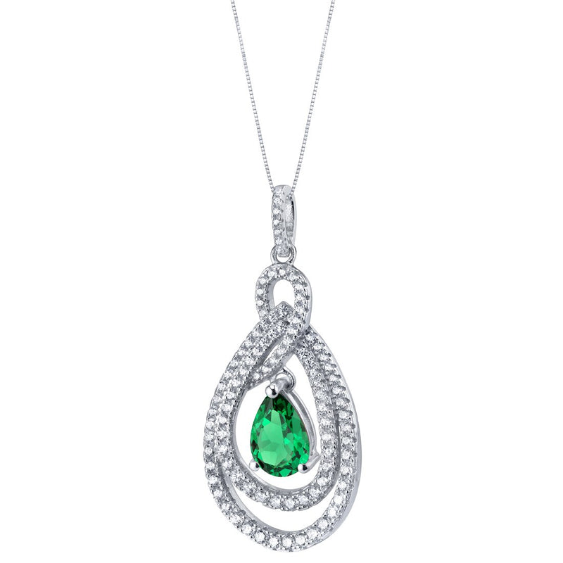 Tear Drop Simulated Emerald Sterling Silver Glamour Pendant Necklace 2 Carats