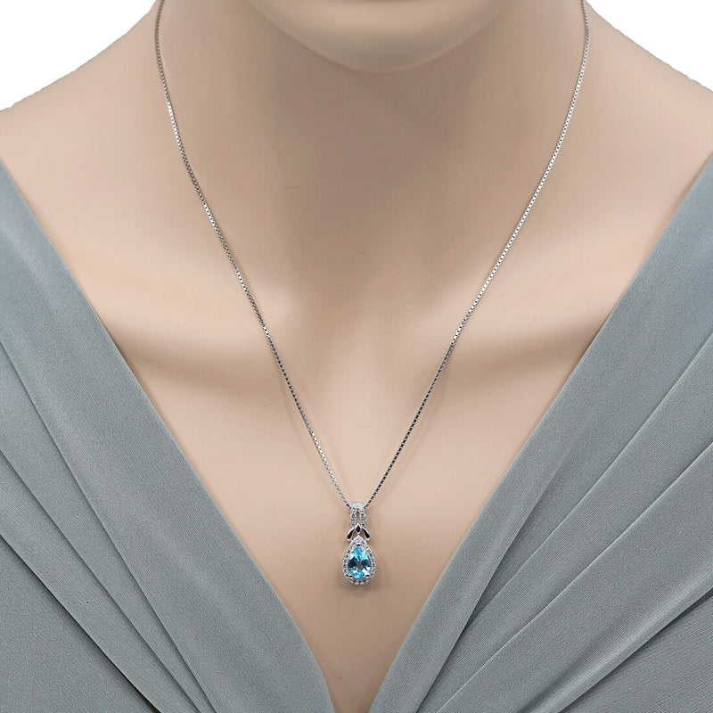 Swiss Blue Topaz Sterling Silver Regina Halo Pendant Necklace 1.50 Carats