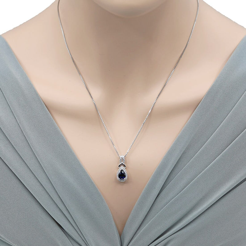 Created Blue Sapphire Sterling Silver Regina Halo Pendant Necklace 1.50 Carats