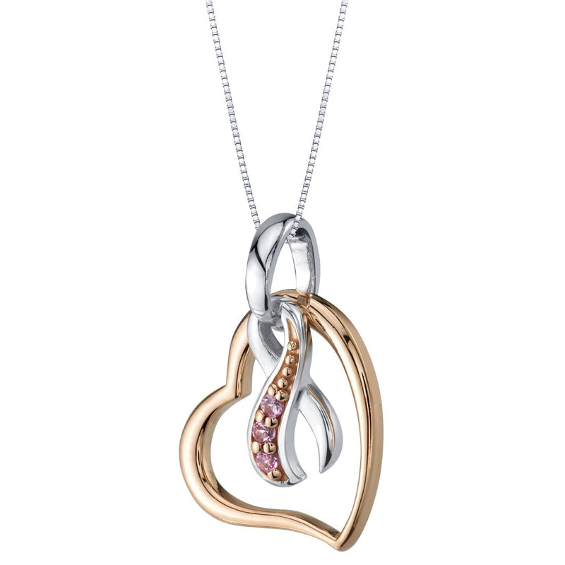 Sterling Silver Breast Cancer Awareness Hope Fight Survive Pendant Necklace with Created Pink Sapphire