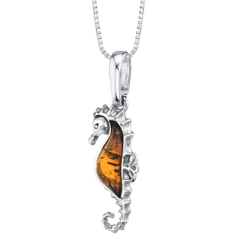 Baltic Amber Sterling Silver Seahorse Pendant Necklace Cognac Color
