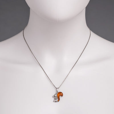 Baltic Amber Sterling Silver Squirrel Pendant Necklace Cognac Color