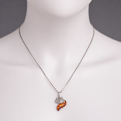 Baltic Amber Fox Pendant Necklace Sterling Silver