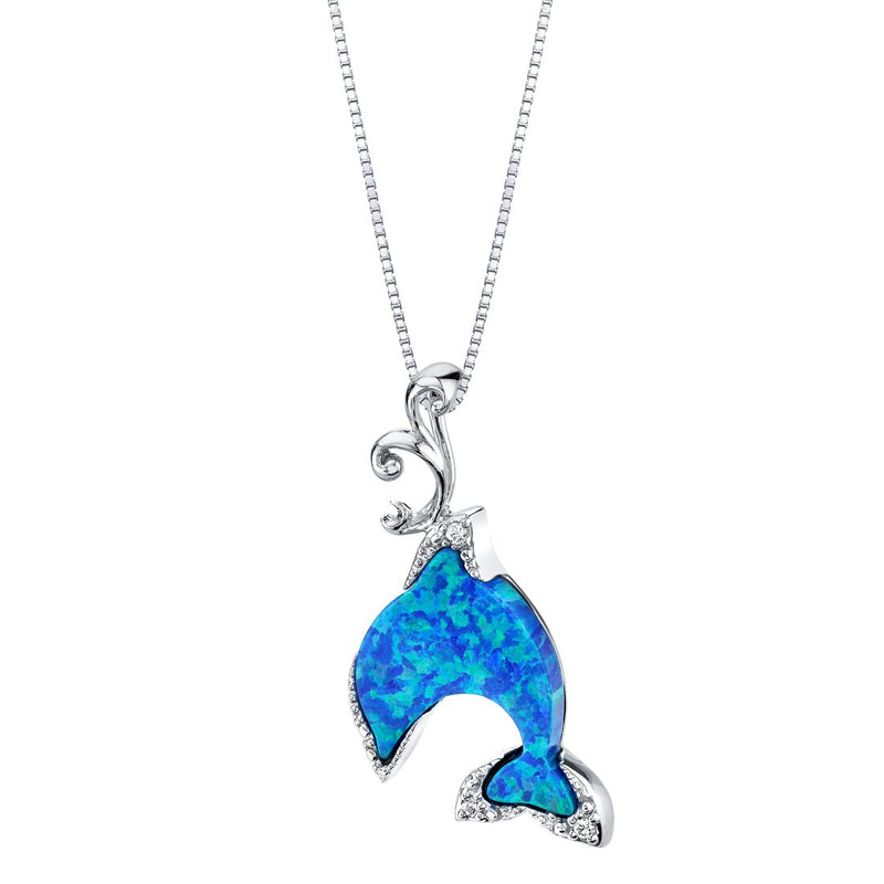 Blue Opal Dolphin Pendant Necklace Sterliung Silver