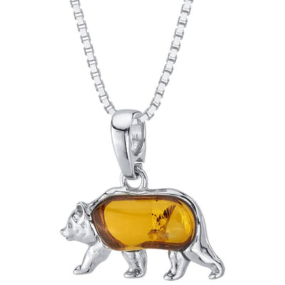 Baltic Amber Bear Pendant Necklace Sterling Silver