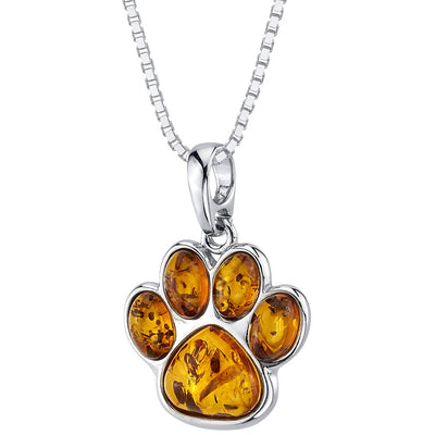 Baltic Amber Paw Print Charm Pendant Necklace Sterling Silver