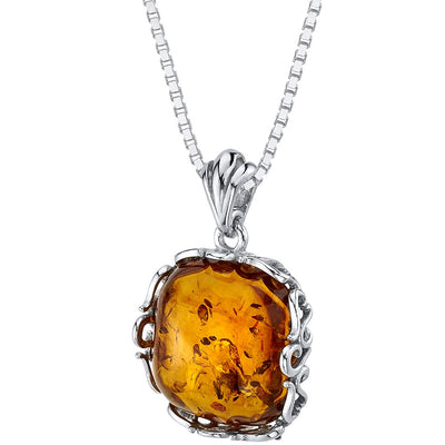 Cushion Cut Baltic Amber Pendant Necklace Sterling Silver