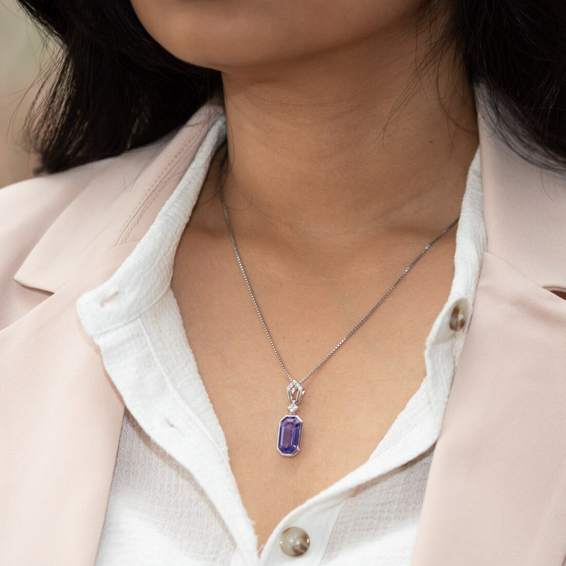 Peora Simulated Tanzanite Pendant Necklace In Sterling Silver Art Deco Dangling Solitaire 5 50 Carats Total Sp12034 additional view, angle, and on model