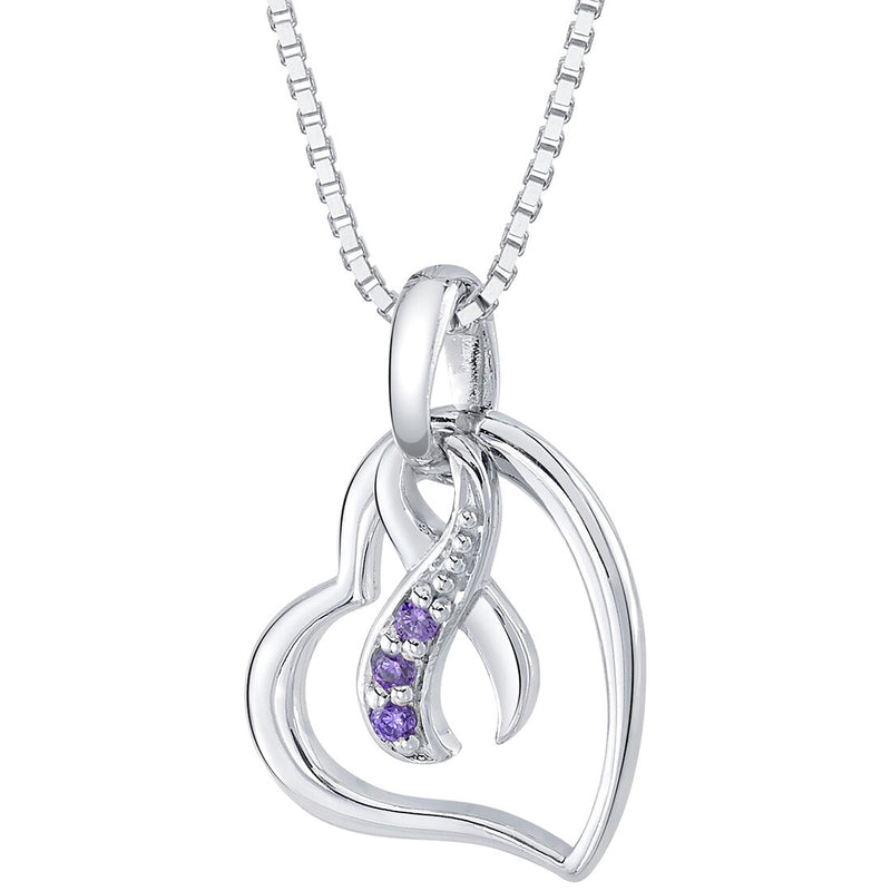 Sterling Silver Pancreatic Cancer Awareness Heart Pendant Necklace Hope, Fight, Survive Purple Ribbon