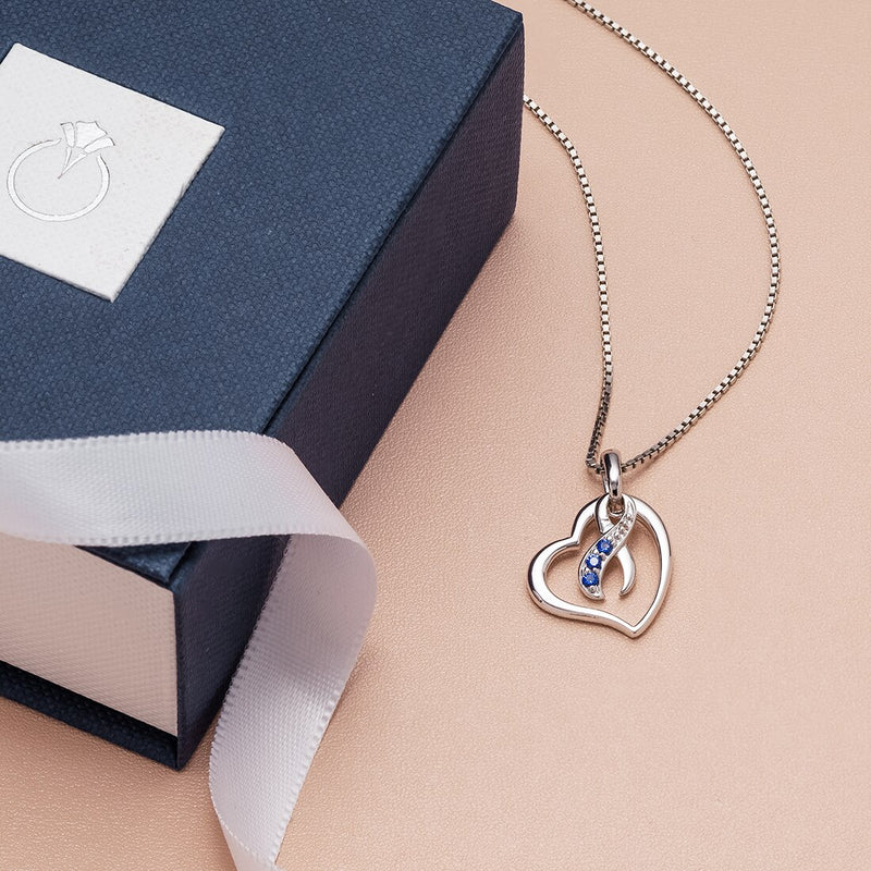Peora Sterling Silver Colon Cancer Awareness Heart Pendant Necklace Hope Fight Survive Blue Ribbon Sp12040 complimentary gift box