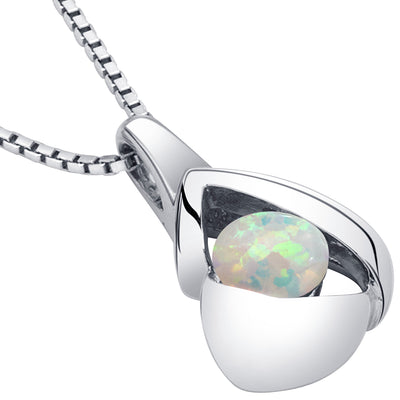 Created White Opal Pendant Necklace in Sterling Silver, Chiseled Solitaire SP12092