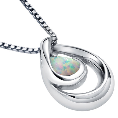 Created White Opal Pendant Necklace in Sterling Silver, Wave Solitaire, SP12108