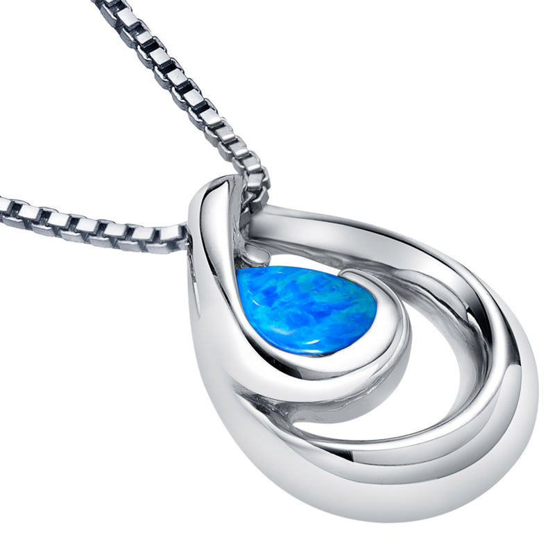 Created Blue Opal Pendant Necklace in Sterling Silver, Wave Solitaire, SP12110
