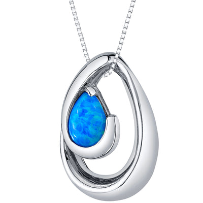 Created Blue Opal Pendant Necklace in Sterling Silver, Wave Solitaire, SP12110