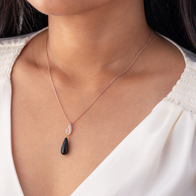 Rose-Tone Sterling Silver Black Onyx Midnight Teardrop Pendant with 17" Chain + 3" extender on a model
