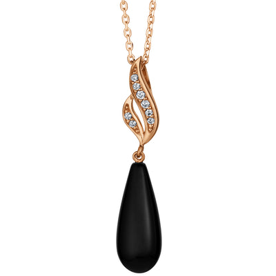 Rose-Tone Sterling Silver Black Onyx Midnight Teardrop Pendant with 17" Chain + 3" extender