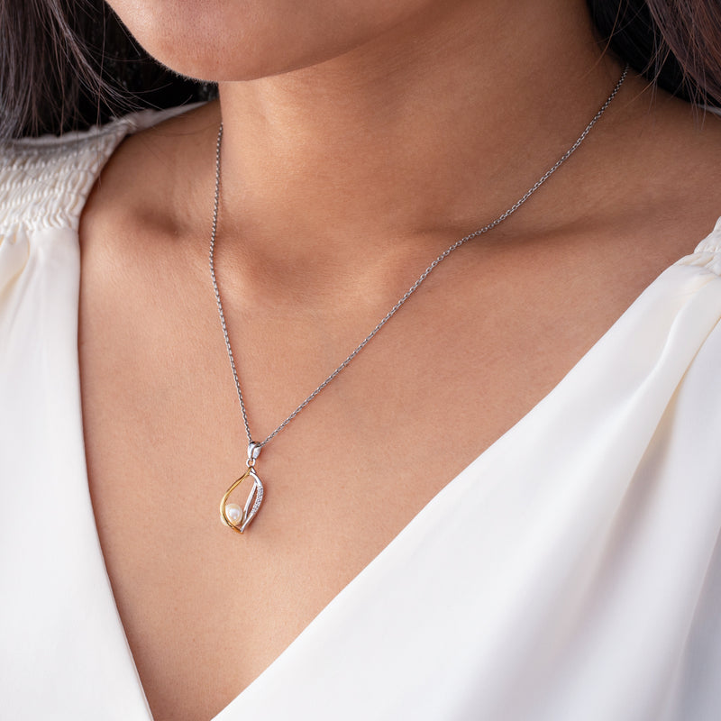 Freshwater Cultured Pearl Teardrop Pendant in Two-Tone Sterling Silver with 17" Chain + 3" extender on a model