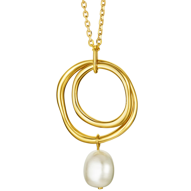 Freshwater Cultured Pearl Ring Drop Pendant in Yellow-Tone Sterling Silver with 17" Chain + 3" extender