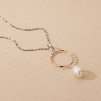 Freshwater Cultured Pearl Ring Drop Pendant in Rose-Tone Sterling Silver with 17" Chain + 3" extender alternate view, side view